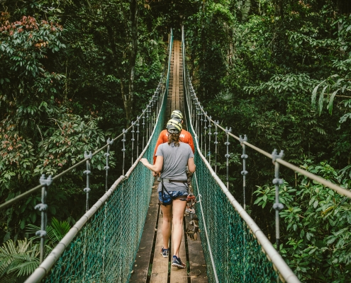 young adults jungle trekking through the cocksomb basin on a cabled suspension bridge in belize